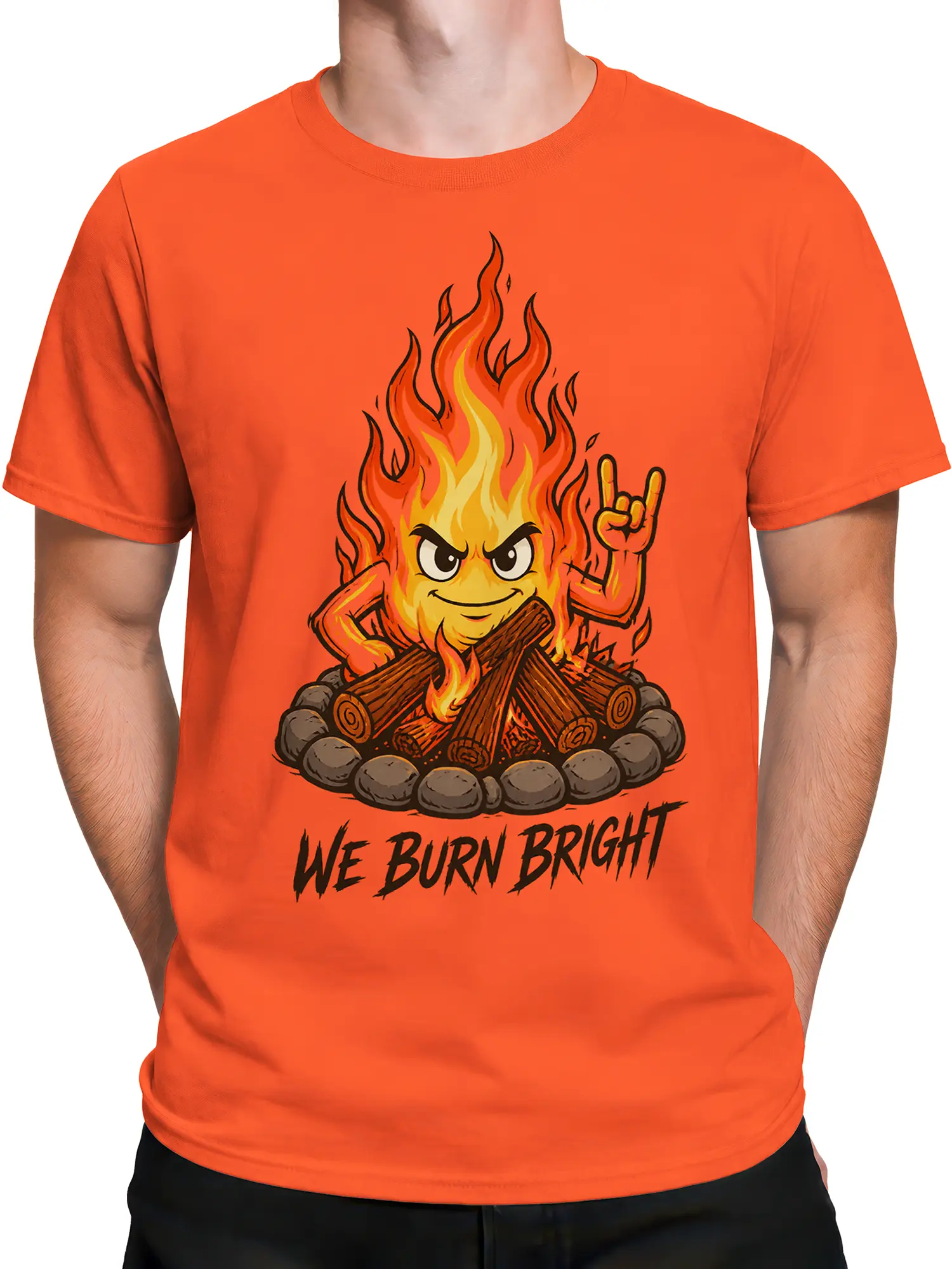 Male torso wearing an orange T-shirt with a grinning flame character, campfire logs, and “WE BURN BRIGHT” design