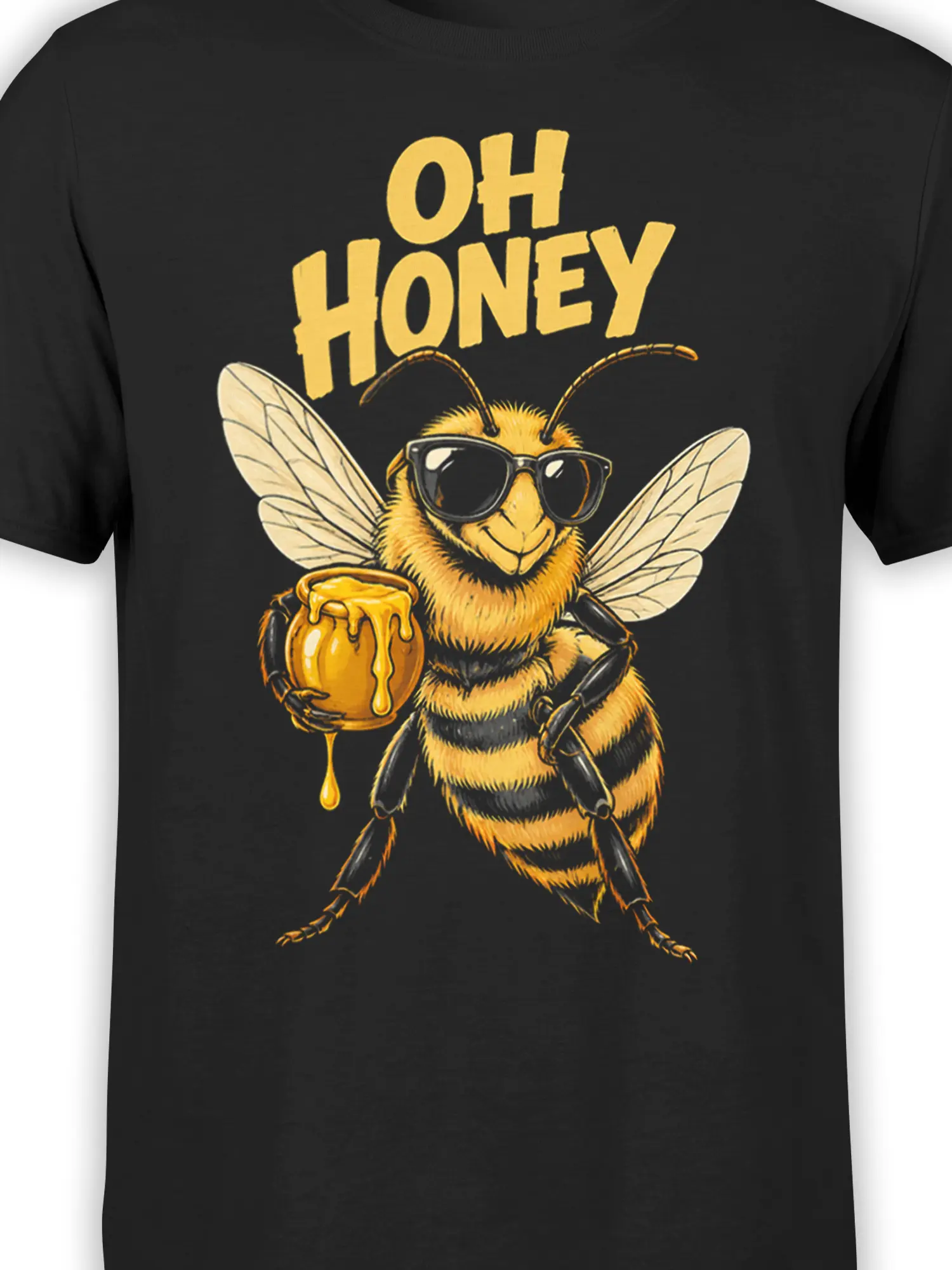 Close-up of the sunglasses-wearing bee, dripping honey jar, and bold yellow “OH HONEY” design on black fabric