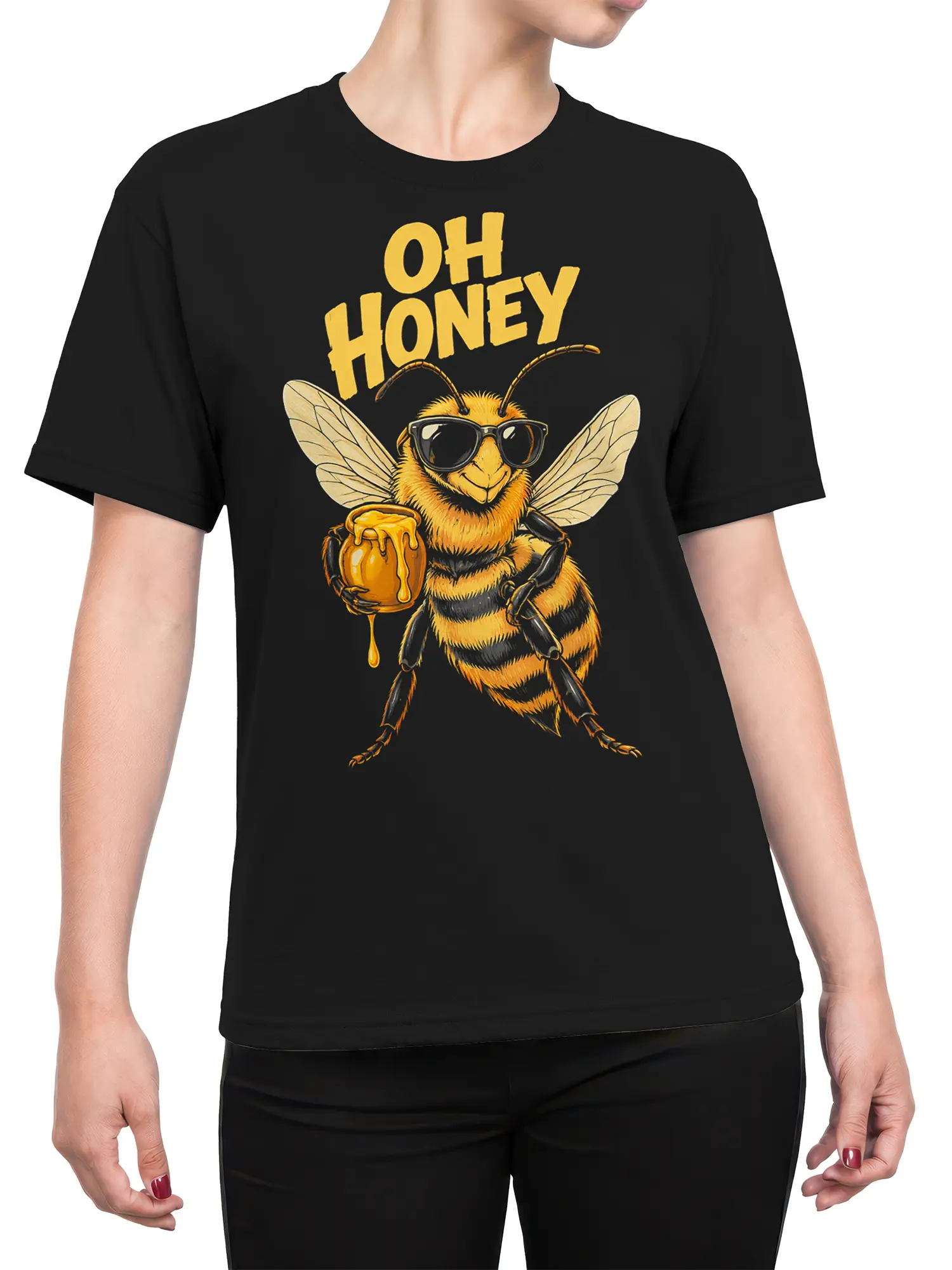 Female torso wearing a black T-shirt with a stylish bee in sunglasses and a dripping honey jar design