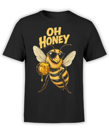 Black T-shirt with a sunglasses-wearing bee holding a dripping honey jar and bold “OH HONEY” lettering