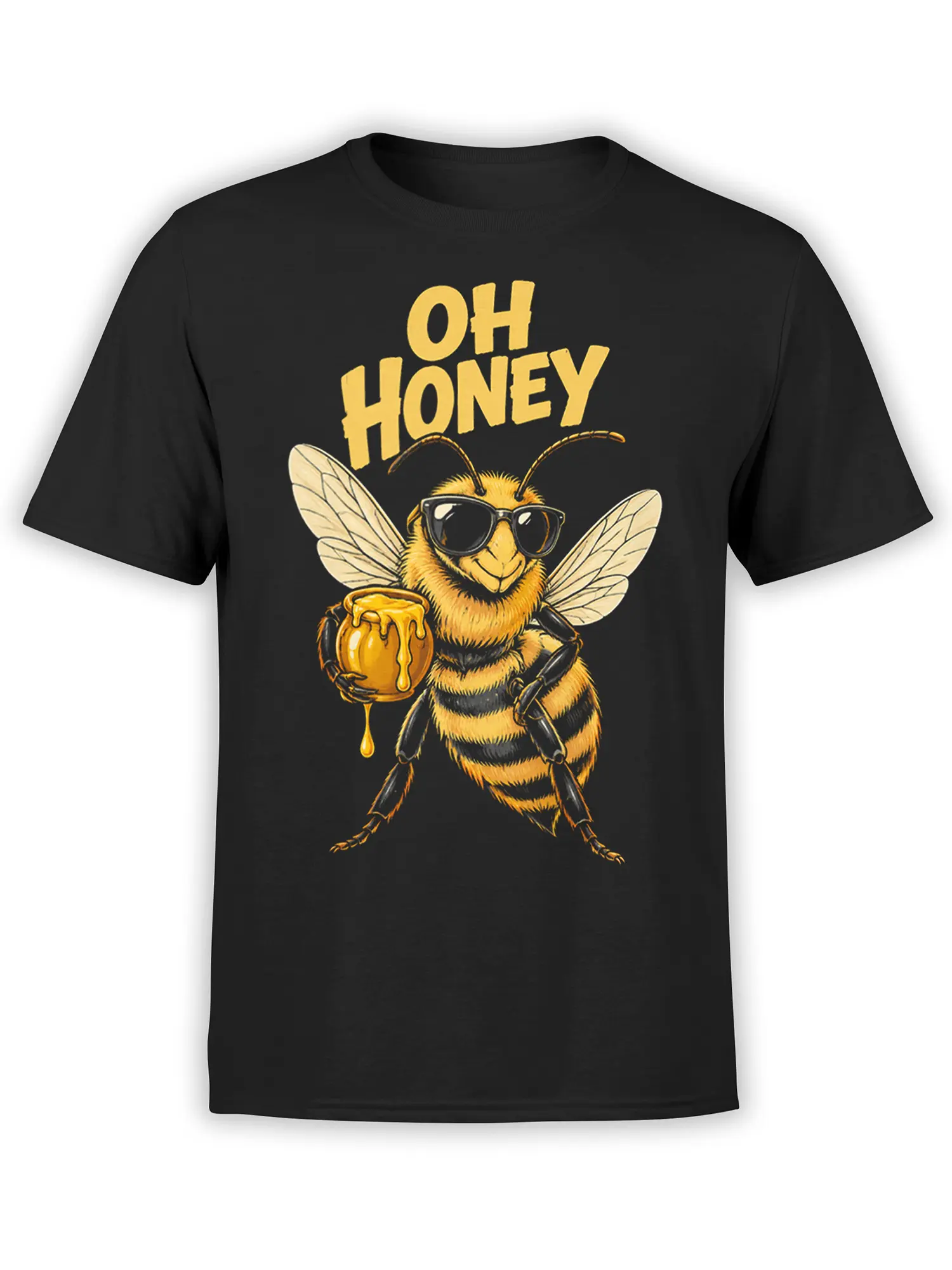 Black T-shirt with a sunglasses-wearing bee holding a dripping honey jar and bold “OH HONEY” lettering