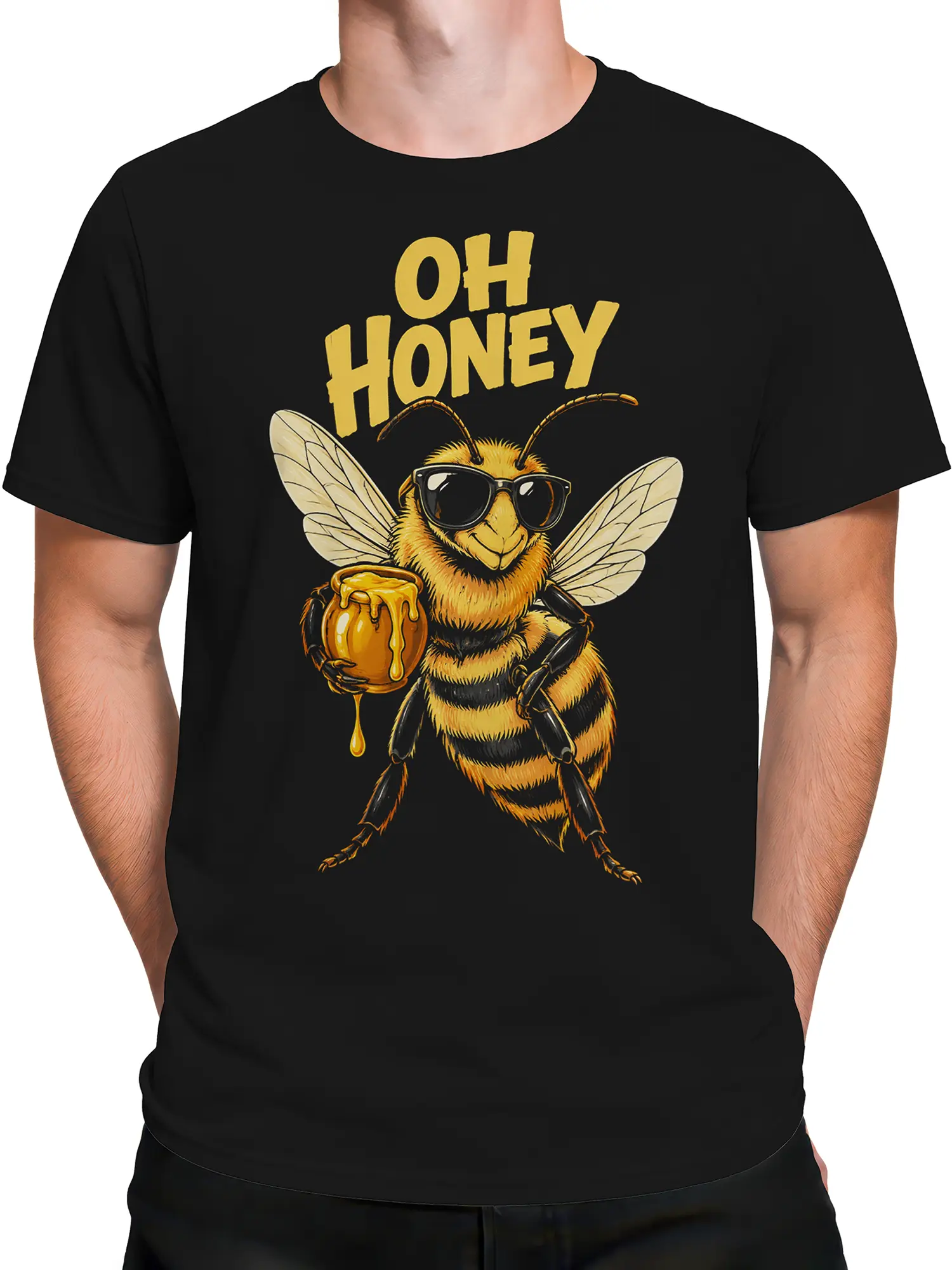 Male torso wearing a black honey bee graphic T-shirt with sunglasses and bold yellow lettering