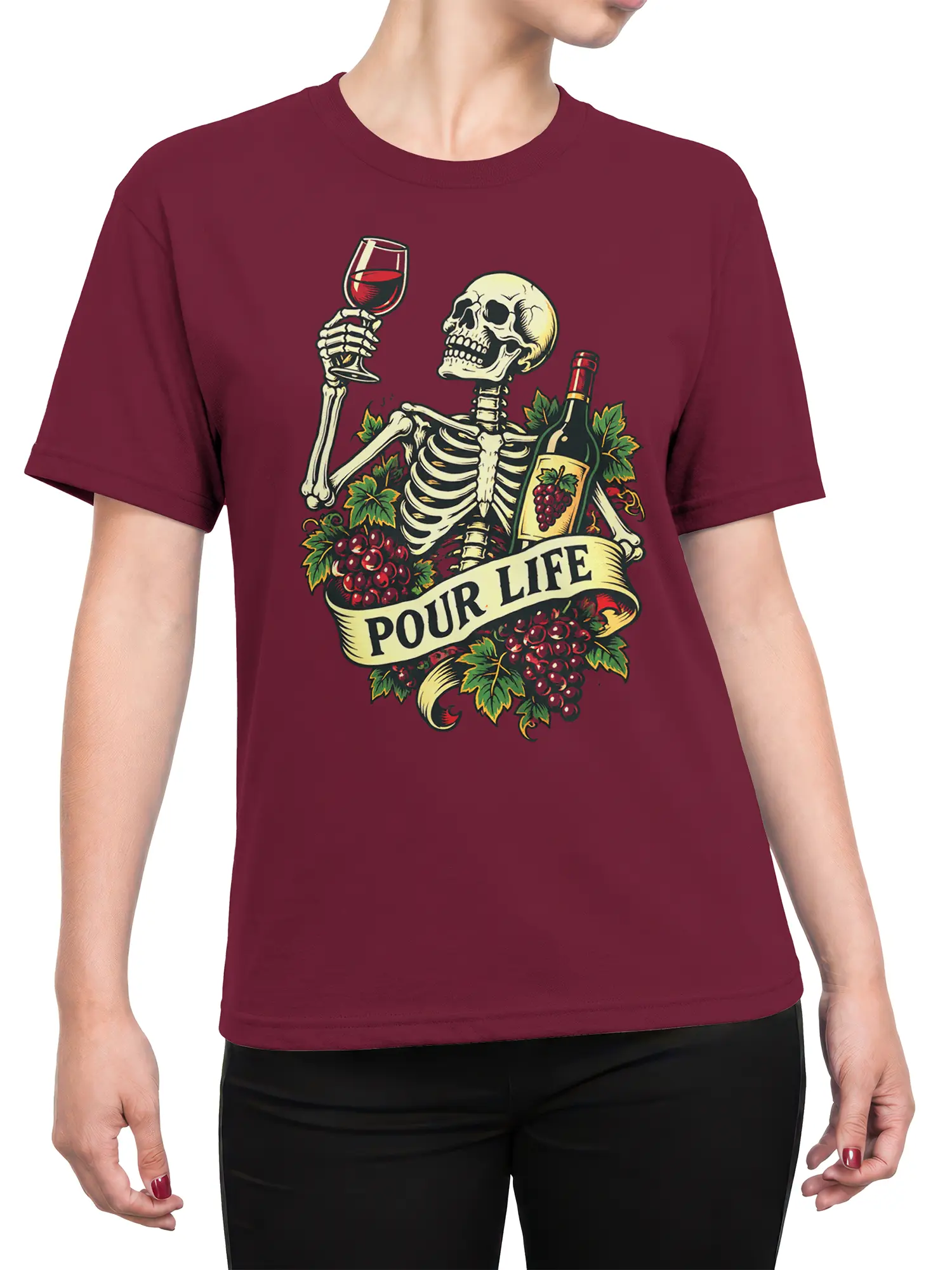 Female torso wearing a burgundy skeleton wine T-shirt with grapes, bottle, and “POUR LIFE” artwork