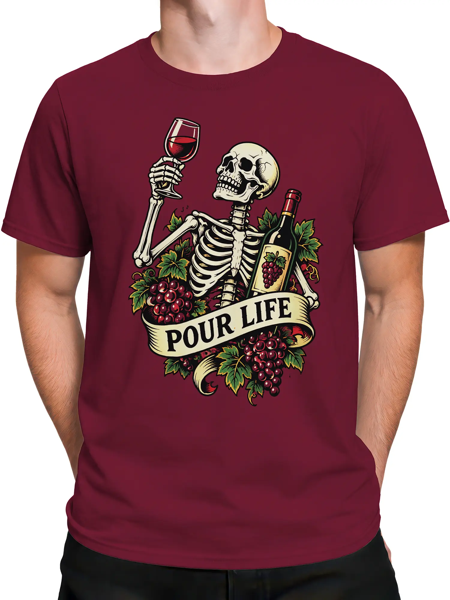 Male torso wearing a burgundy wine graphic T-shirt with skeleton, grapes, bottle, and banner artwork