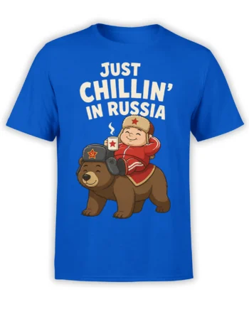 Blue T-shirt with a cheerful rider on a brown bear and “Just Chillin’ in Russia” text