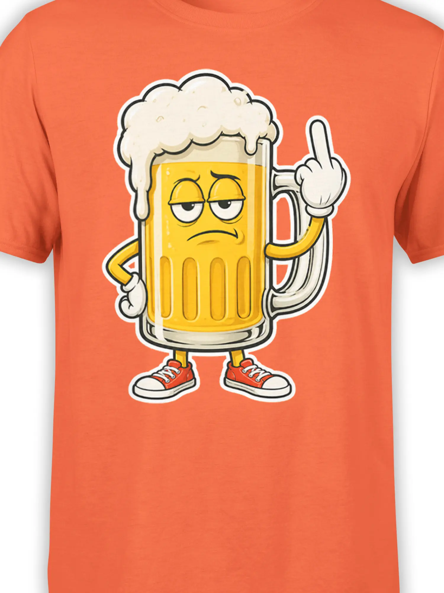 Close-up of the sarcastic beer mug graphic on an orange T-shirt with foam, red sneakers, and bold comic outlines