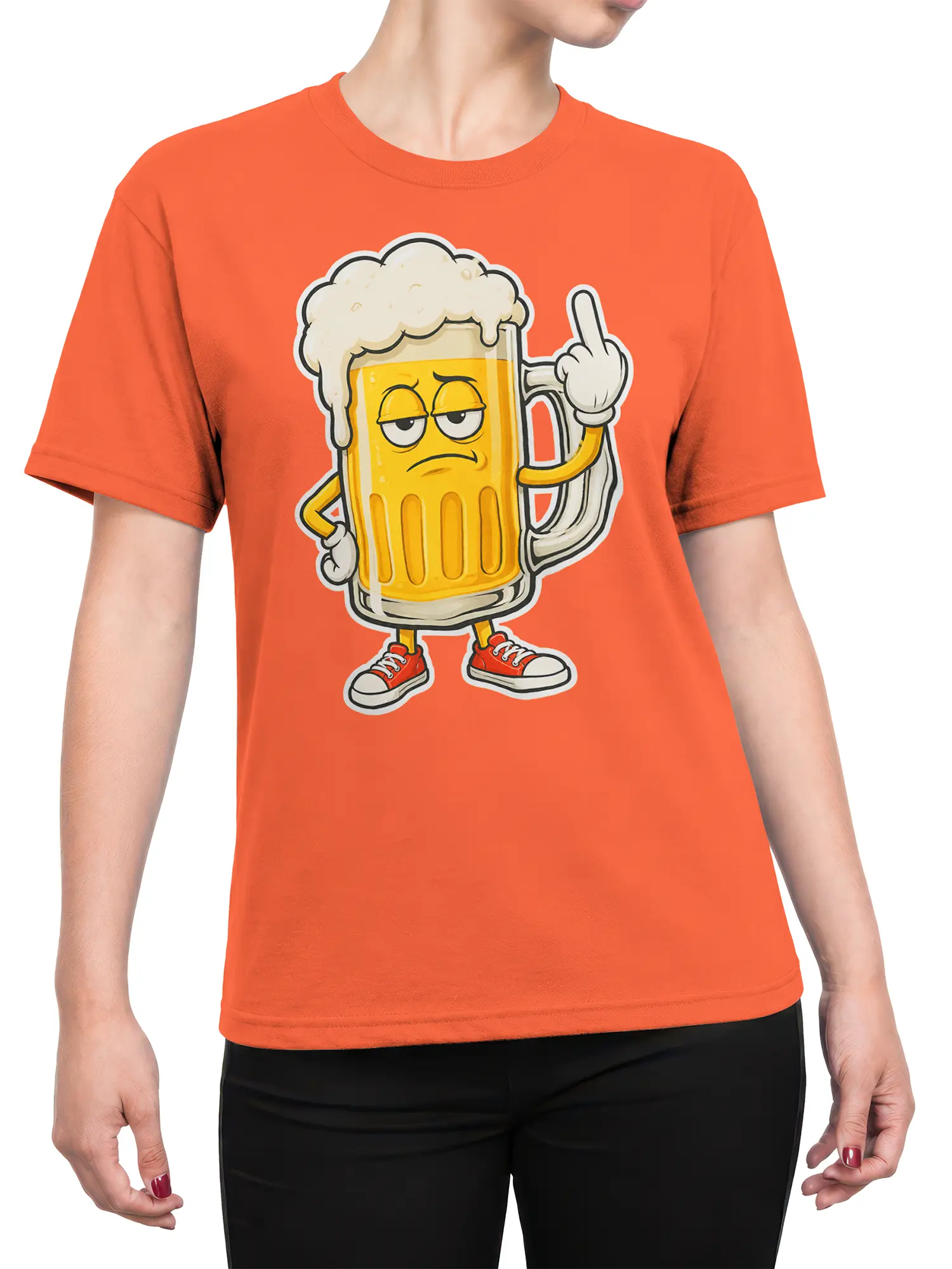 Female torso wearing an orange beer T-shirt with a foamy cartoon pint mug, red sneakers, and sarcastic raised-finger artwork