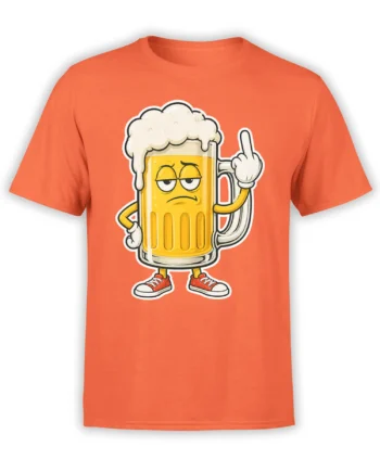 Orange beer T-shirt featuring a sarcastic cartoon pint mug with foam, red sneakers, and a raised-finger gesture