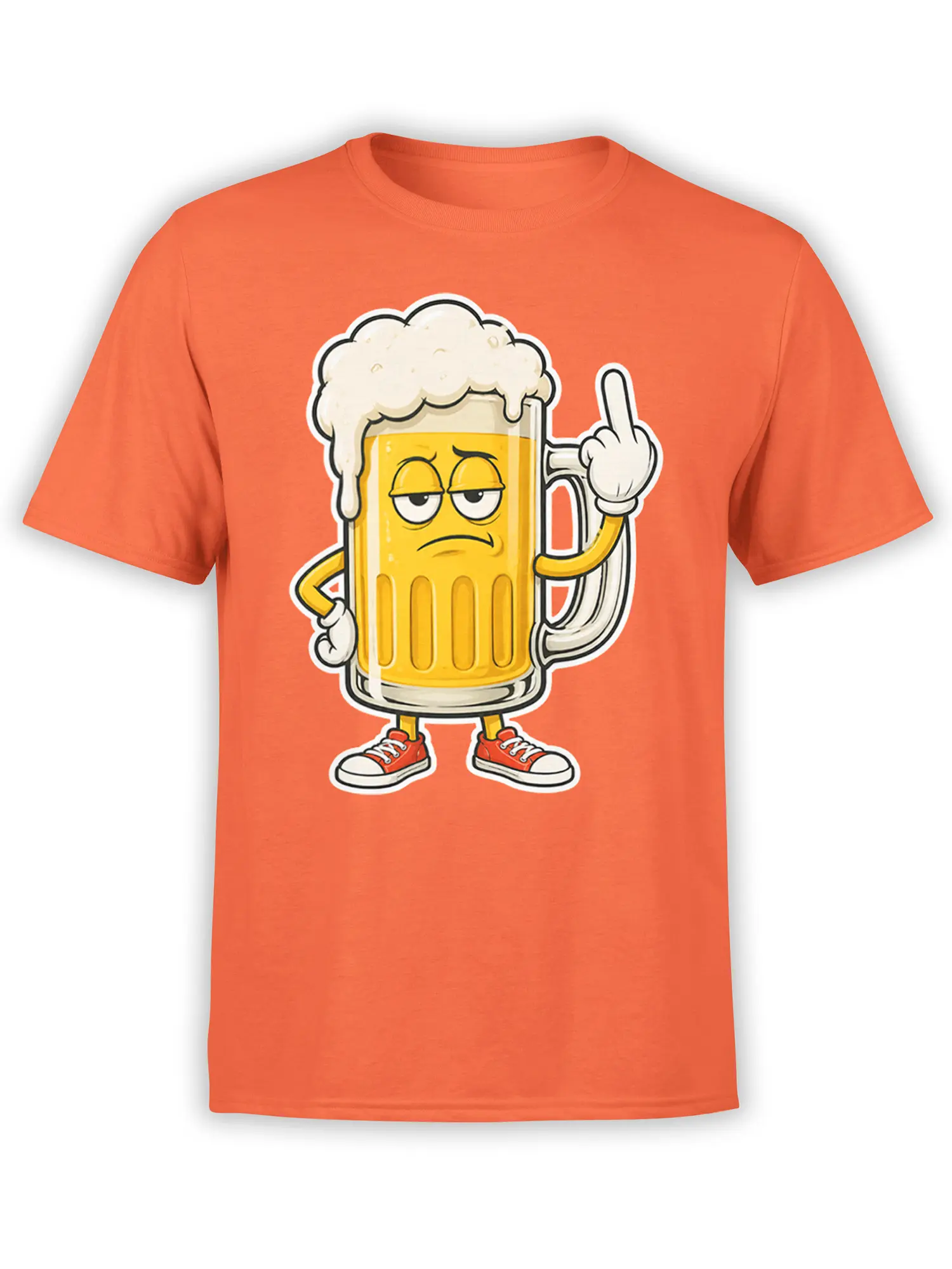 Orange beer T-shirt featuring a sarcastic cartoon pint mug with foam, red sneakers, and a raised-finger gesture