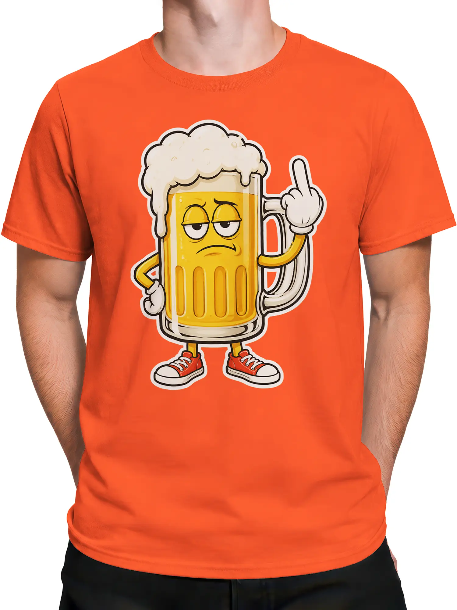 Male torso wearing an orange beer T-shirt with a sarcastic cartoon pint mug, foamy head, red sneakers, and raised finger