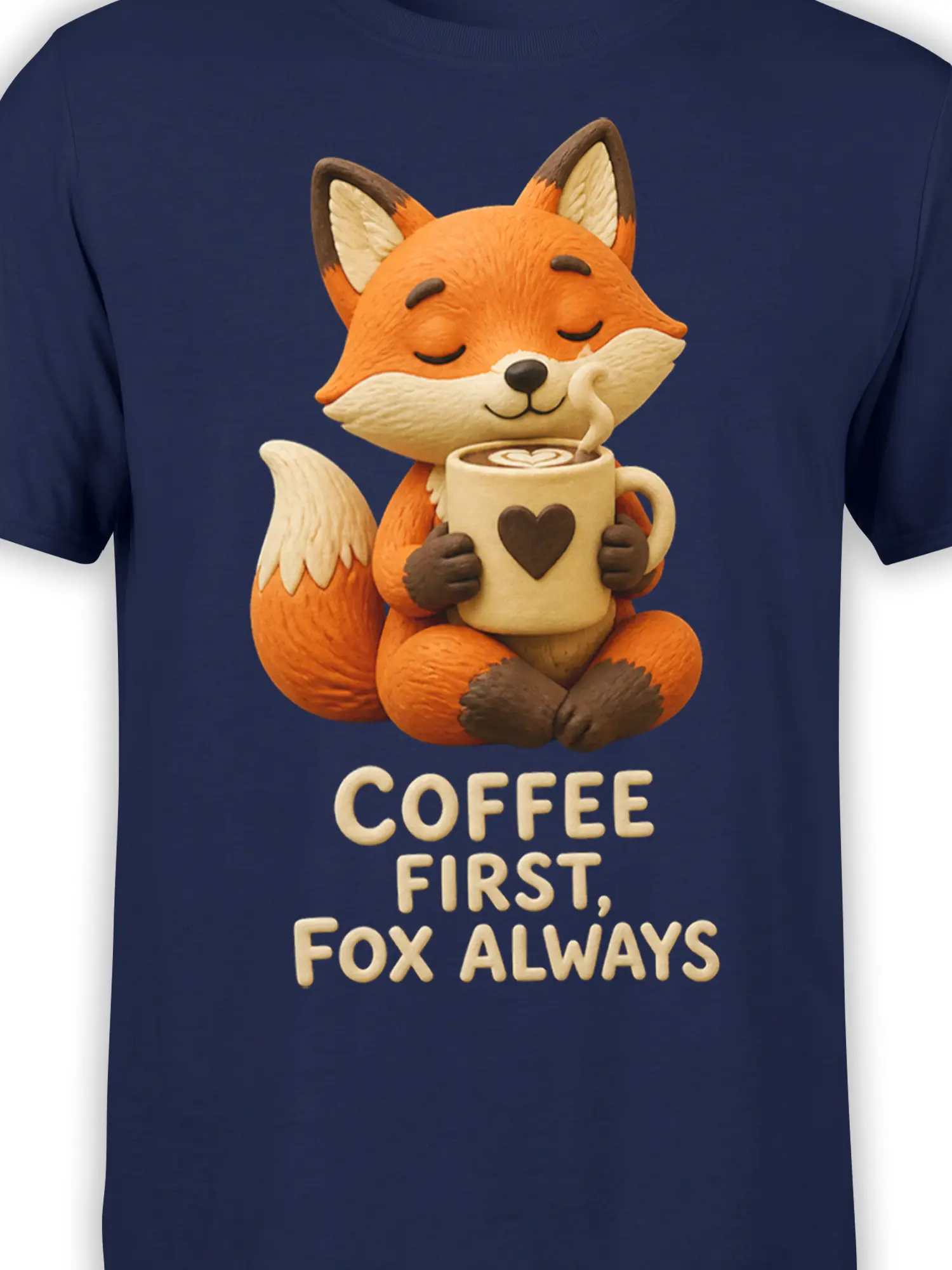 Close-up of the orange fox, heart mug, and cream “Coffee First, Fox Always” artwork on navy fabric