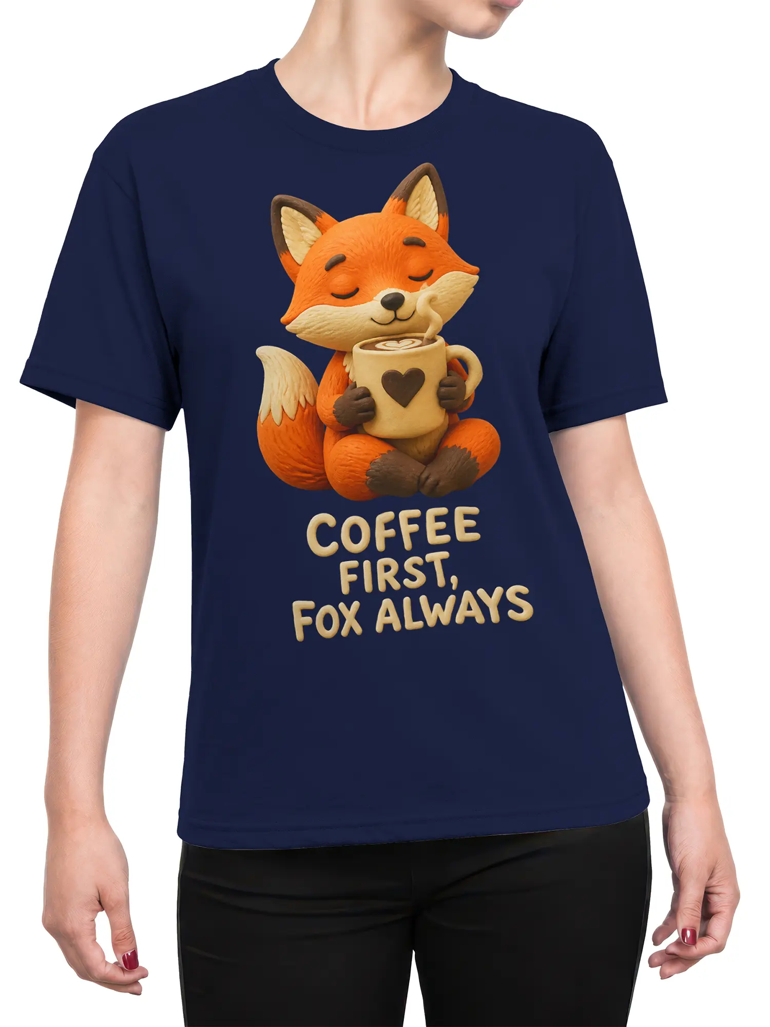 Female torso wearing a navy fox coffee T-shirt with an orange fox, steaming mug, and bold cream lettering