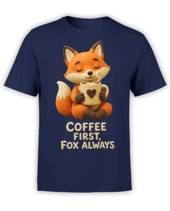 Orange fox holding a steaming heart mug on a navy coffee T-shirt with “Coffee First, Fox Always” text