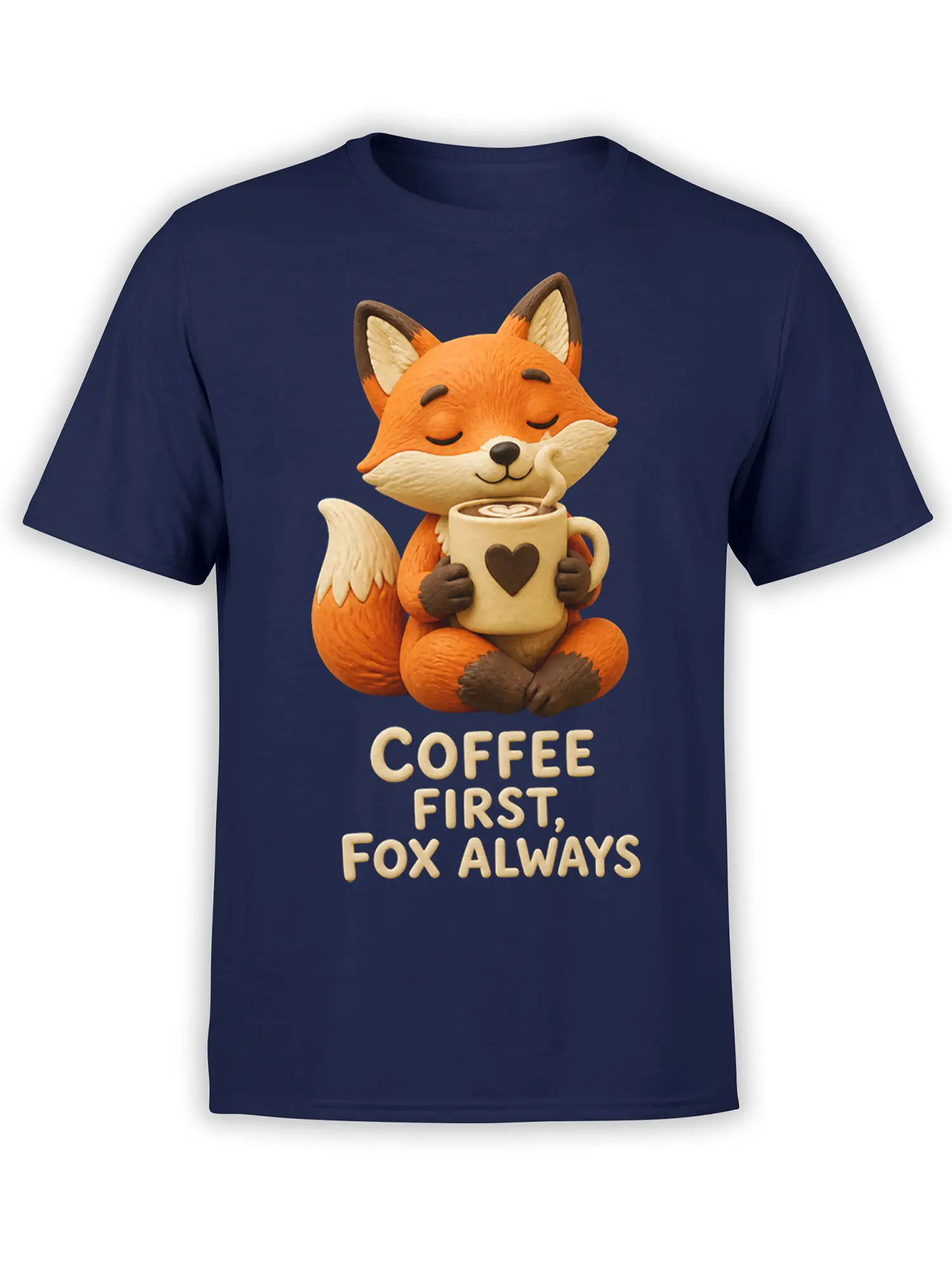 Orange fox holding a steaming heart mug on a navy coffee T-shirt with “Coffee First, Fox Always” text