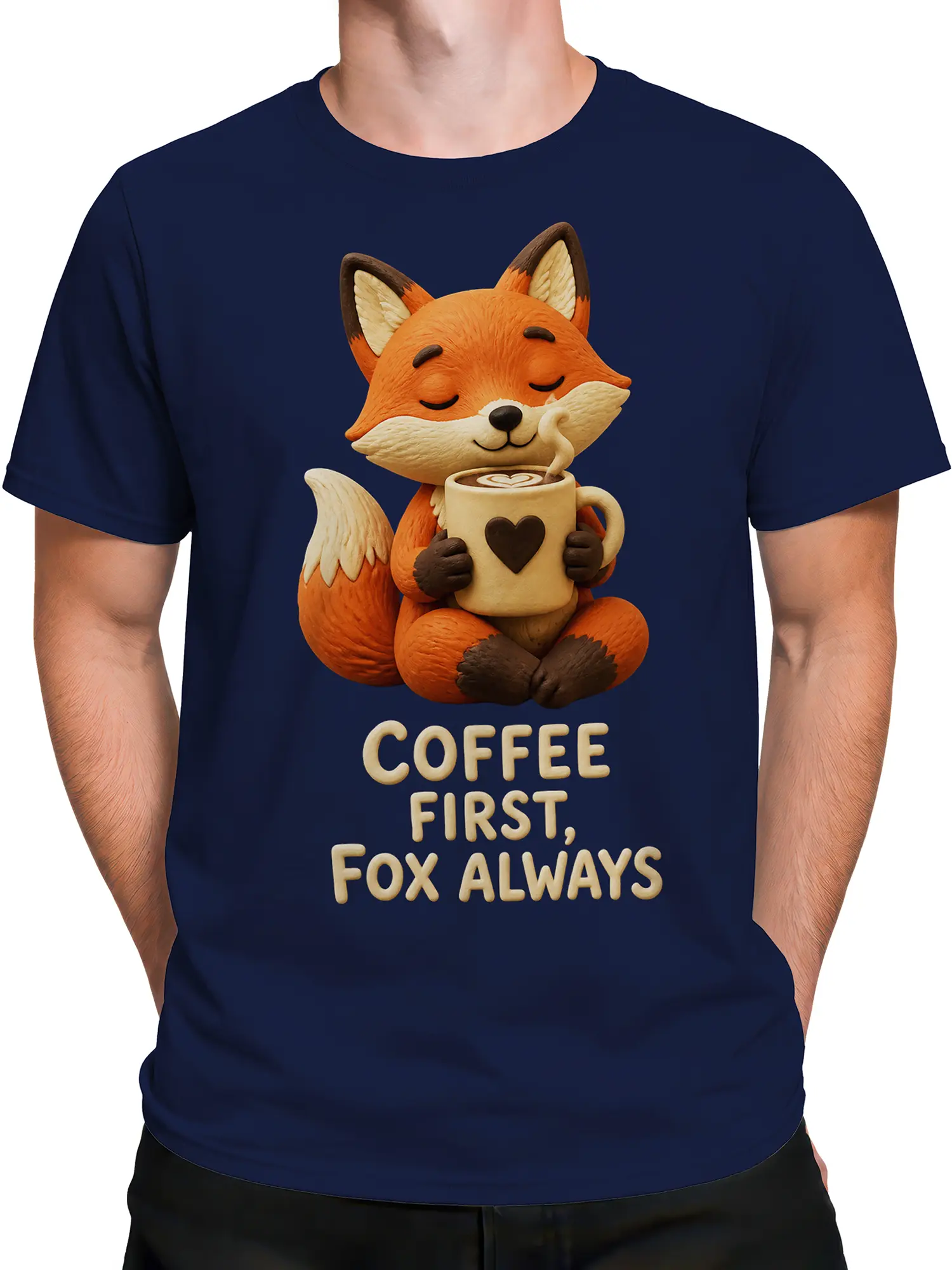 Male torso wearing a navy coffee T-shirt with an orange fox and steaming heart mug graphic