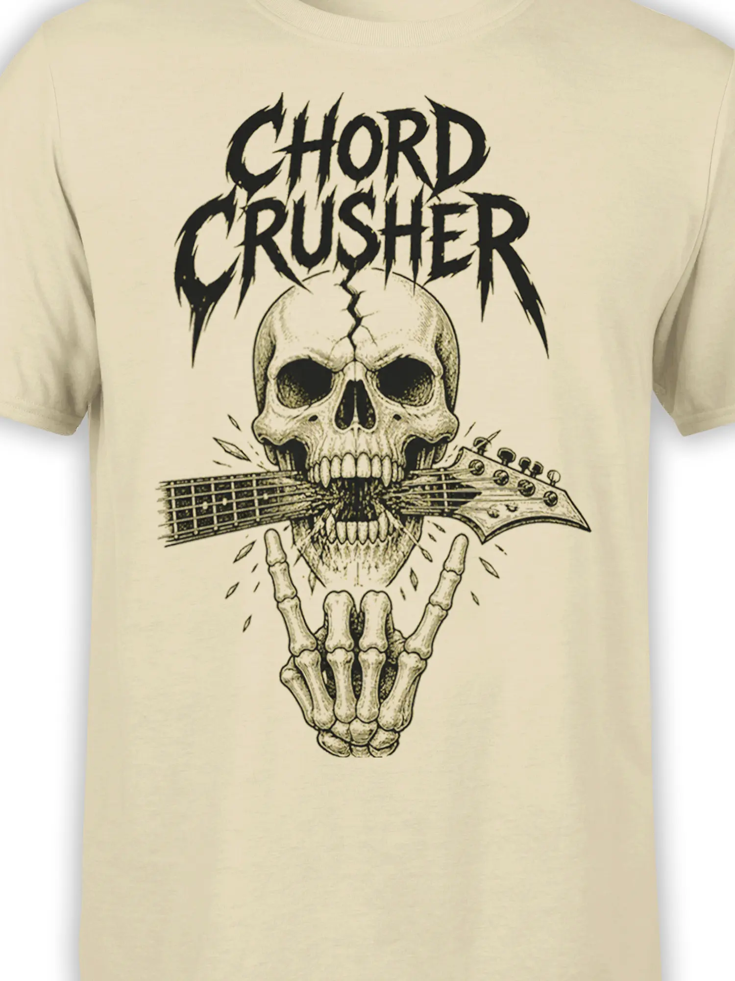 Close-up of the skull and guitar neck artwork on the cream Chord Crusher music T-shirt
