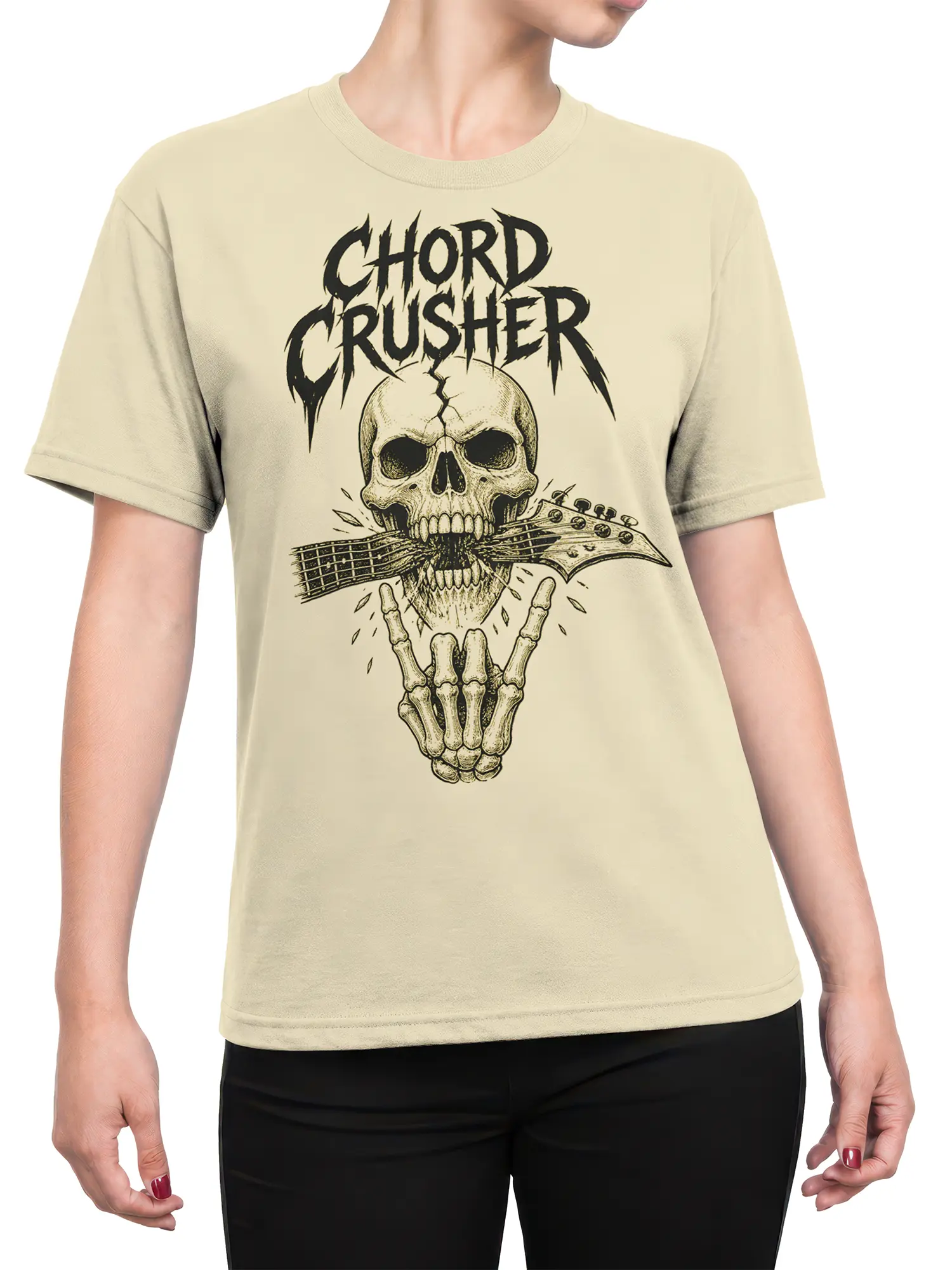 Female torso wearing the cream Chord Crusher T-shirt with skull and guitar artwork