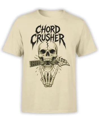 Cream Chord Crusher T-shirt with a detailed skull biting a guitar neck and bold black lettering