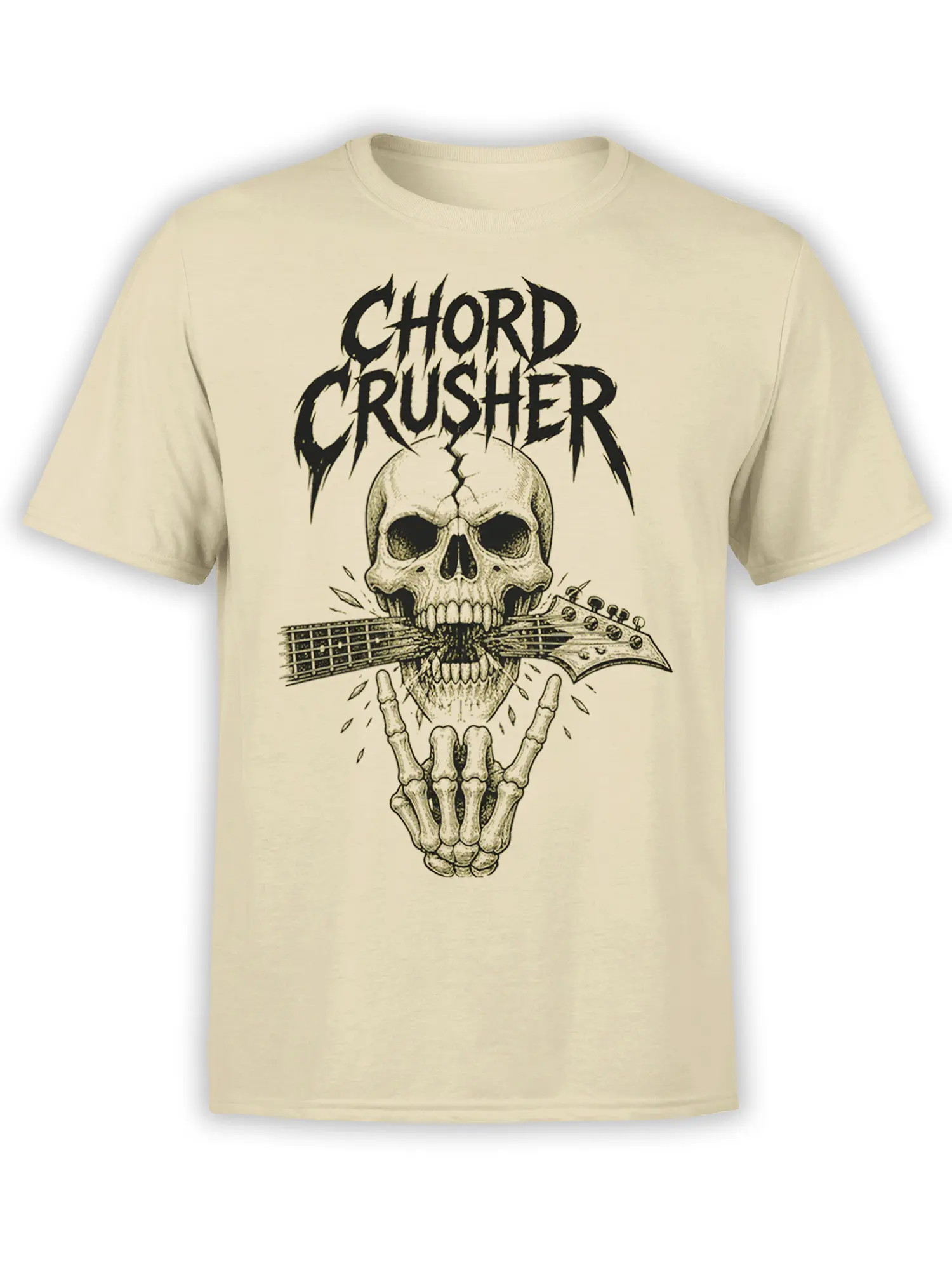 Cream Chord Crusher T-shirt with a detailed skull biting a guitar neck and bold black lettering