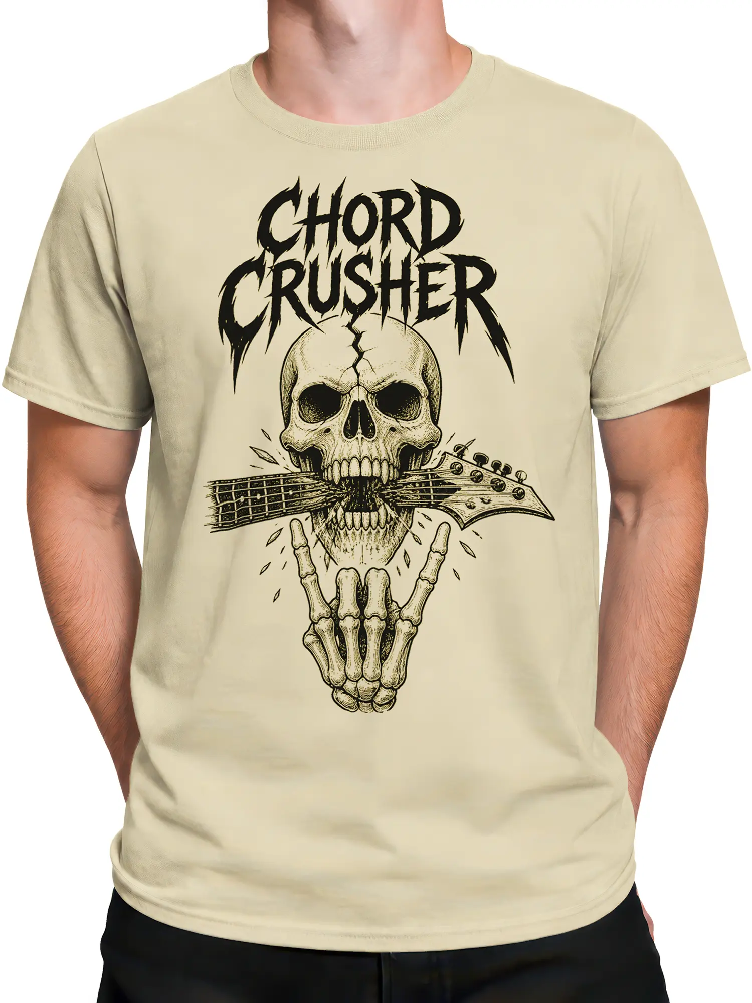 Male torso wearing the cream Chord Crusher T-shirt with skull guitar artwork