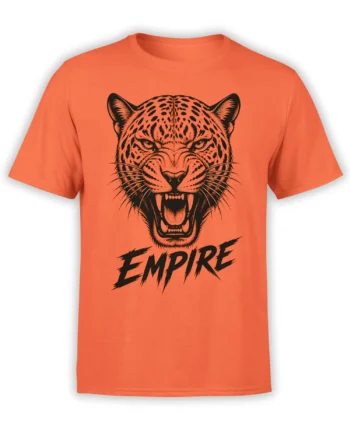 Snarling big cat graphic with jagged EMPIRE lettering on an orange T-shirt