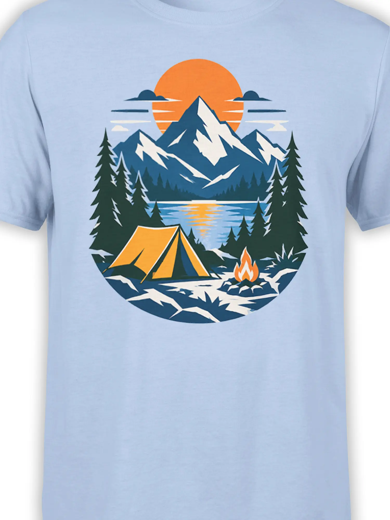 Close-up of mountain camping artwork with snowy peaks, pine trees, tent, lake, sunset, and campfire on light blue fabric
