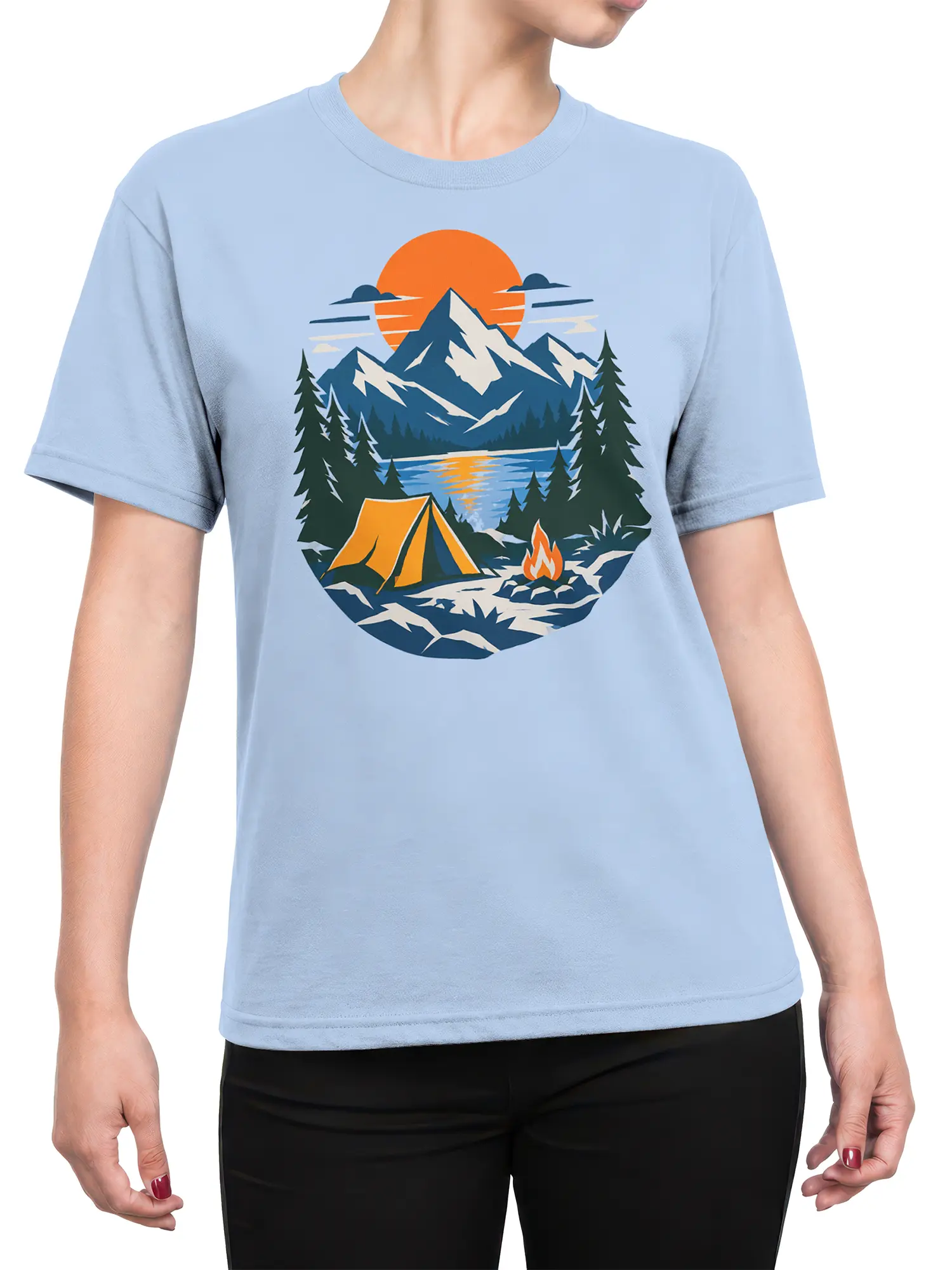 Female torso wearing a light blue mountain camping T-shirt with a tent, campfire, lake, and snowy mountain graphic