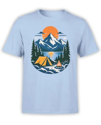 Light blue mountain camping T-shirt with snowy peaks, evergreen trees, yellow tent, sunset lake, and campfire