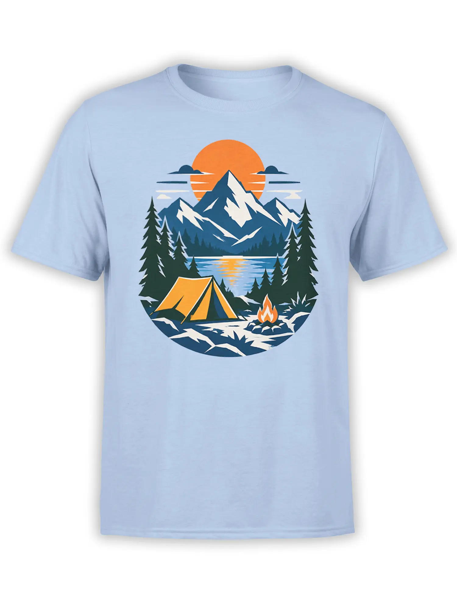 Light blue mountain camping T-shirt with snowy peaks, evergreen trees, yellow tent, sunset lake, and campfire