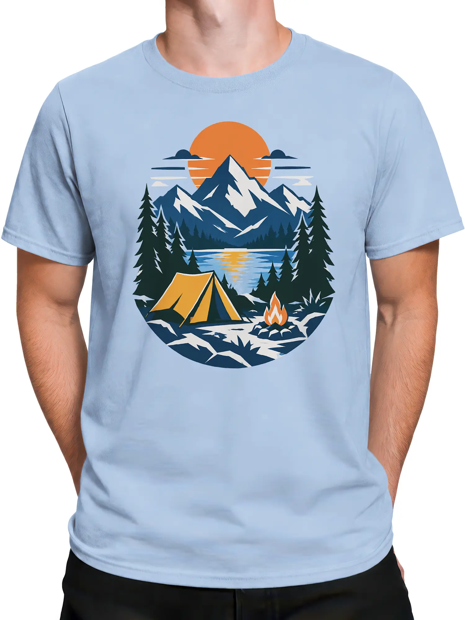 Male torso wearing a light blue mountain camping T-shirt with snowy peaks, evergreen trees, tent, lake, and campfire