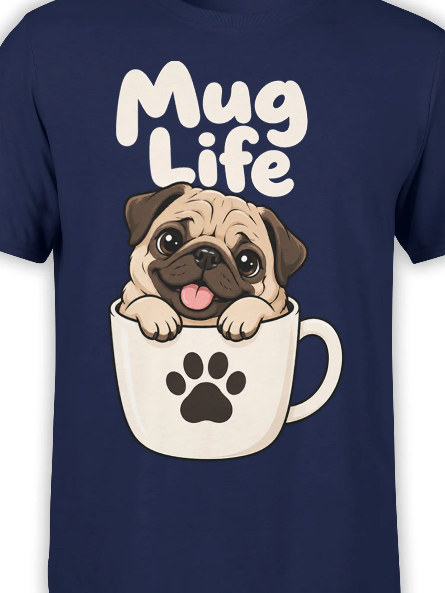 Close-up of cute pug, paw-print mug, and “Mug Life” design on navy fabric