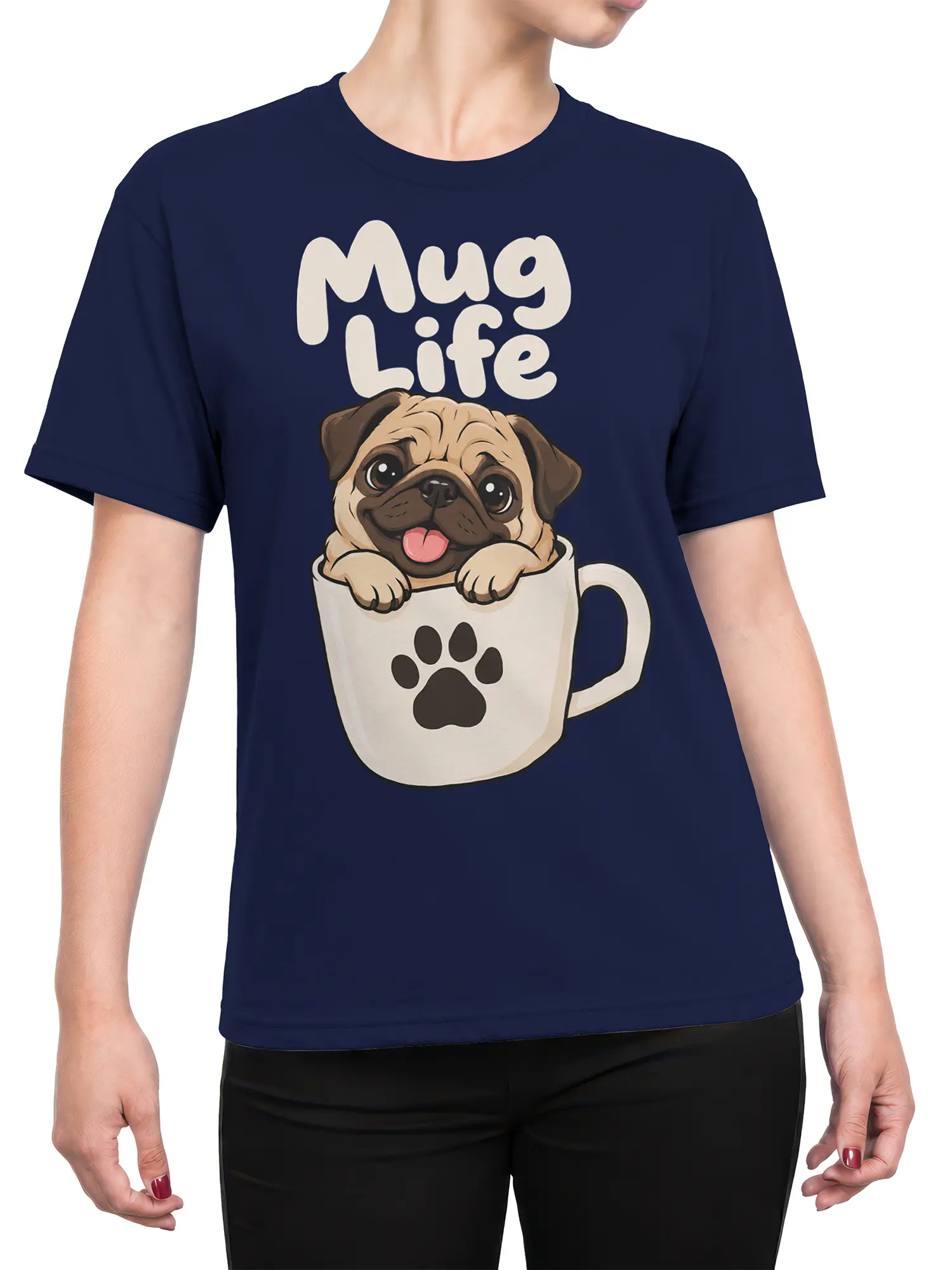 Female torso wearing a navy T-shirt with a cute pug in a paw-print mug design
