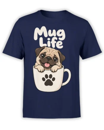 Cute pug peeking from a paw-print mug with “Mug Life” text on a navy dog T-shirt