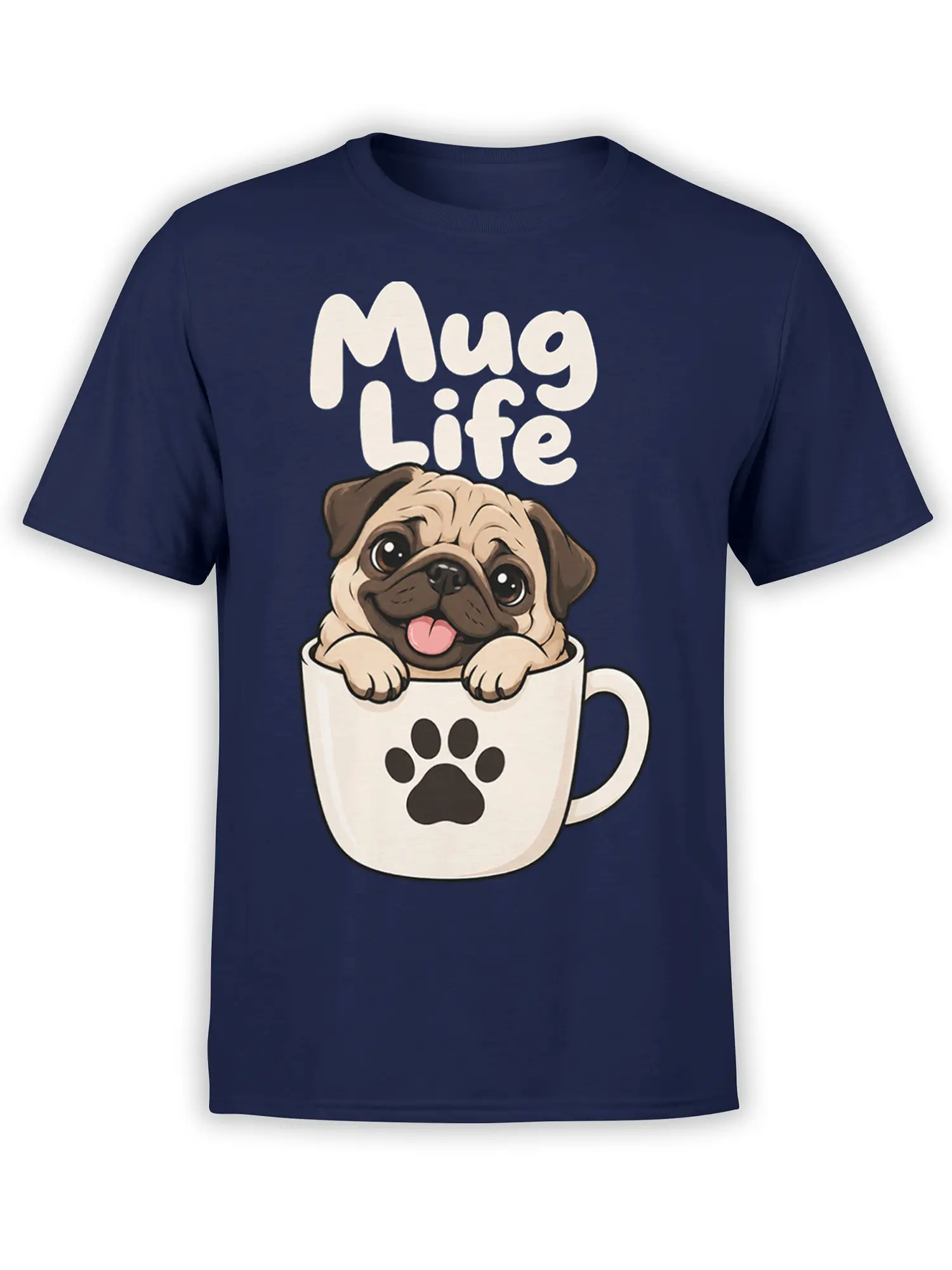 Cute pug peeking from a paw-print mug with “Mug Life” text on a navy dog T-shirt