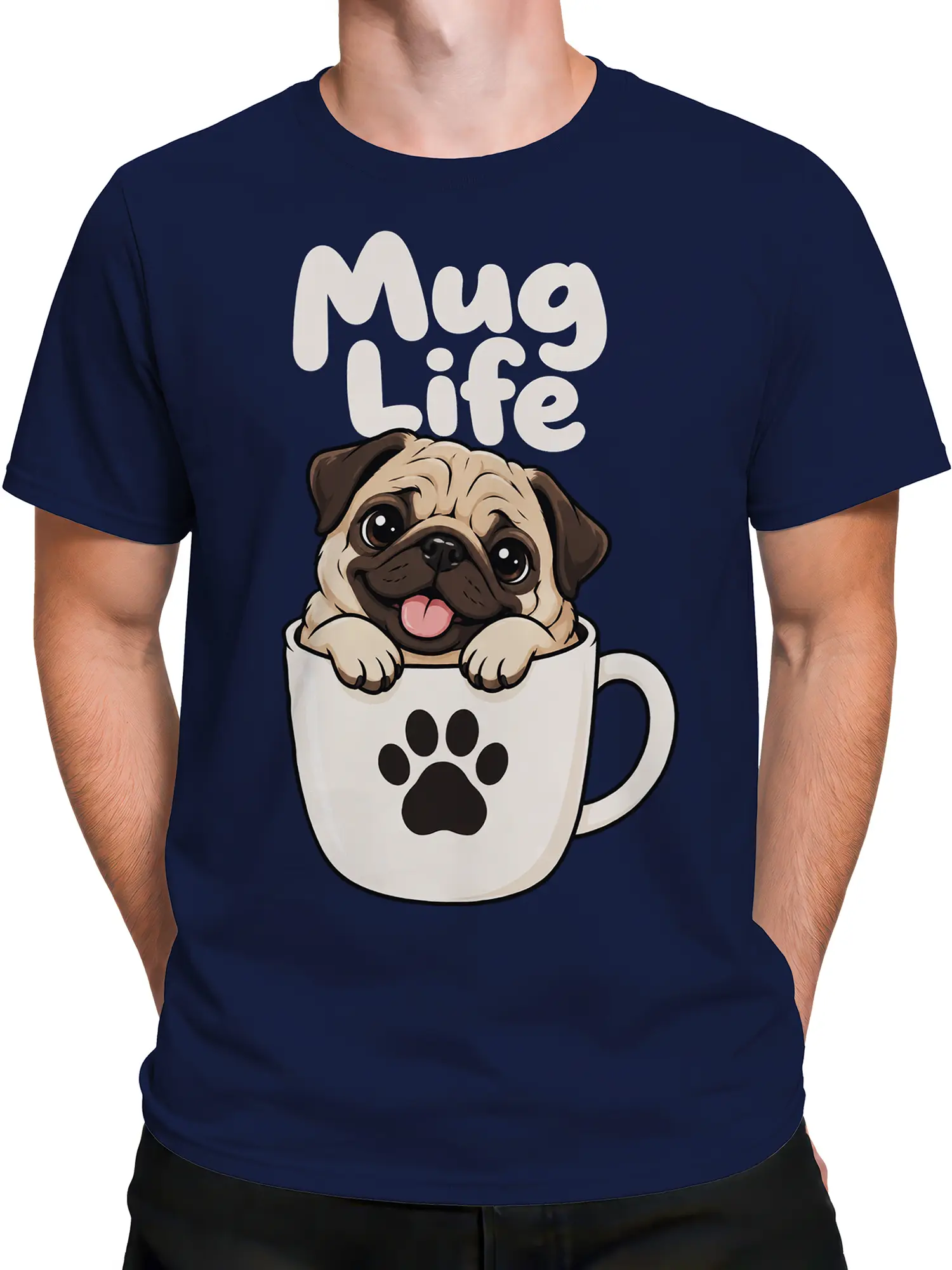 Male torso wearing a navy pug dog T-shirt with a paw-print coffee mug graphic