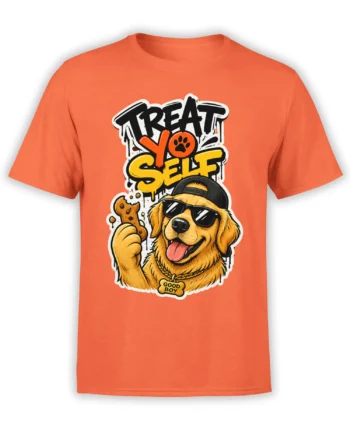 Coral dog T-shirt with a sunglasses-wearing golden retriever holding a bone and Treat Yourself lettering