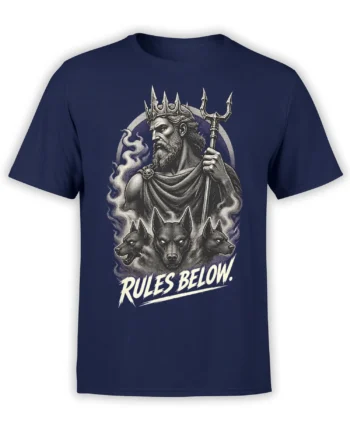Crowned Hades holding a three-pronged weapon above three-headed Cerberus on a navy mythology T-shirt
