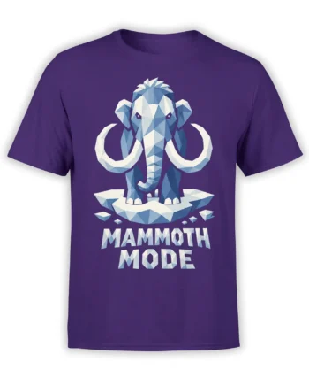 Purple mammoth T-shirt with geometric blue artwork, large white tusks, ice platform, and Mammoth Mode text